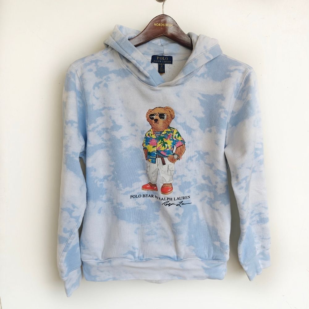 Polo Ralph Lauren Blue Tie Dye Polo Bear Hoodie Fleece Kids Size XL 18-20